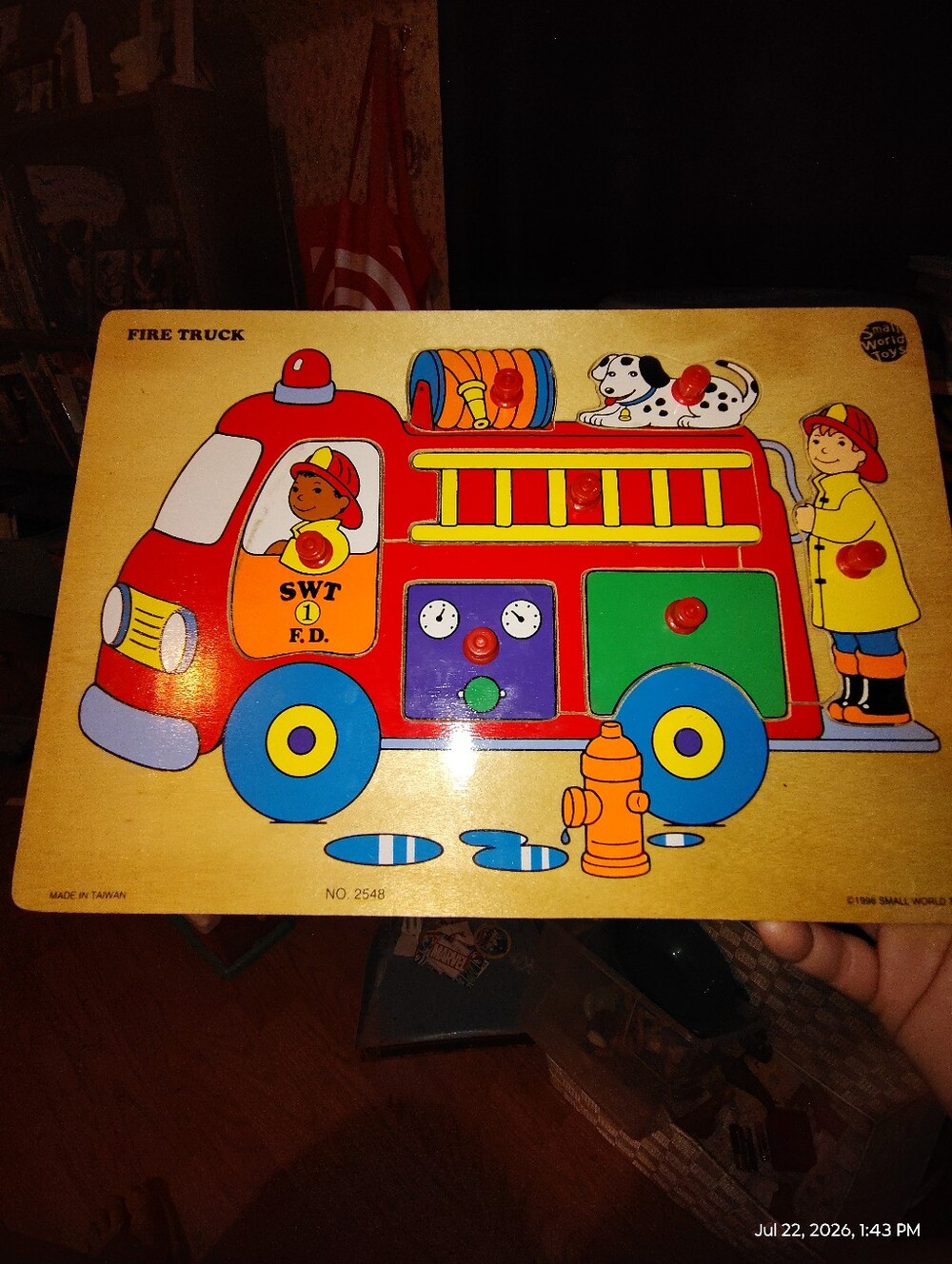 Wooden Fire Truck Peg Puzzle — Red and Blue Kids Puzzle